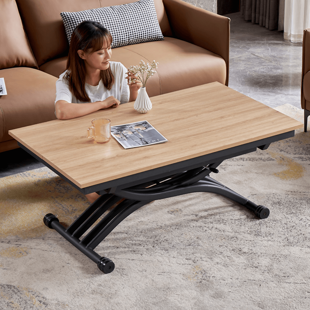 47'' Walnut Lift-Top Coffee Table - Multifunctional Rectangle Table with Iron Double Pedestal Base