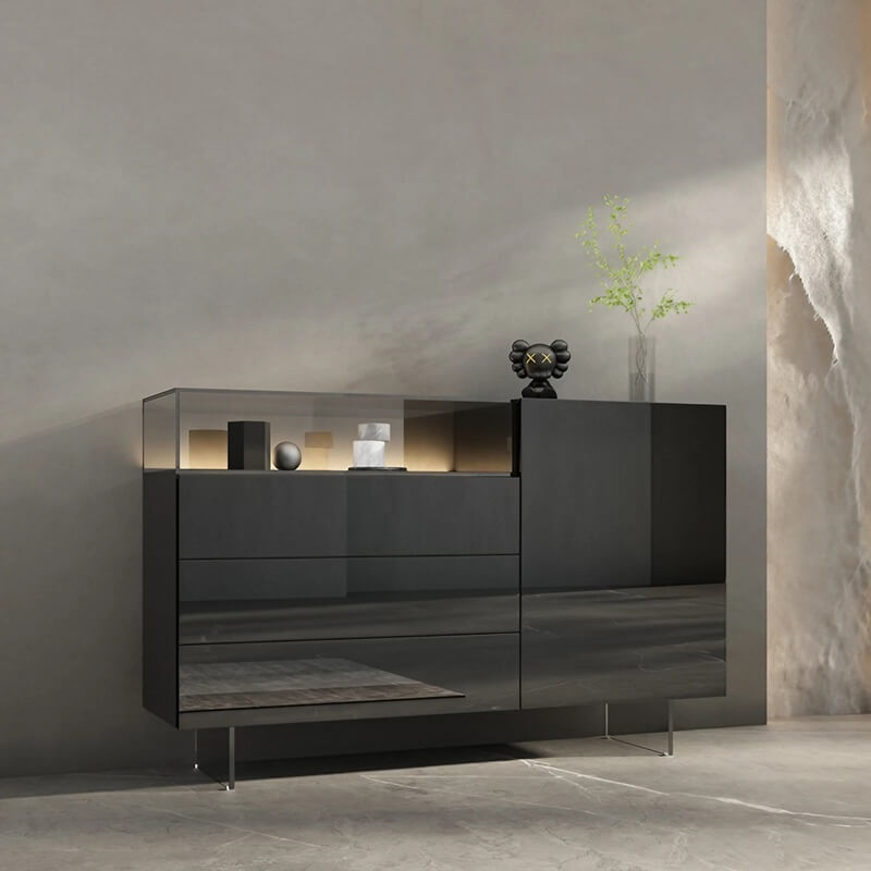 47.2" Ash Wood Sideboard in Black - Modern Style with Drawers, Shelves, and Doors