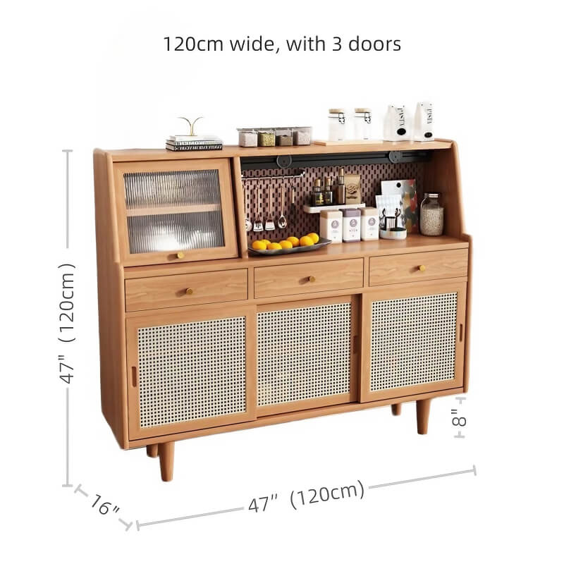 47" Modern Rattan Dresser with Drawers, Shelves, Doors - Natural