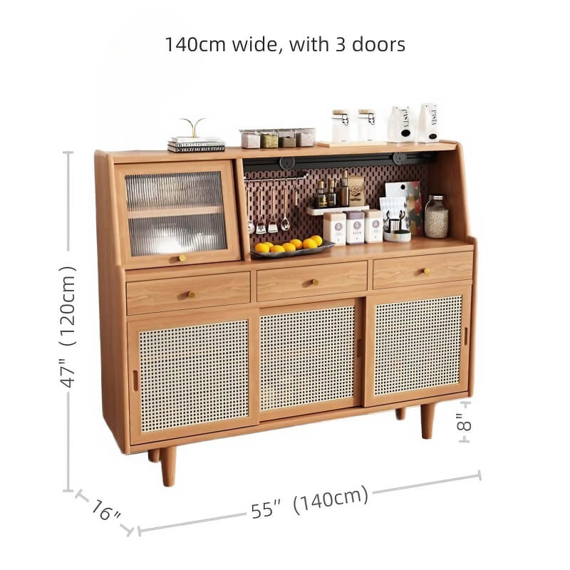 47" Modern Rattan Dresser with Drawers, Shelves, Doors - Natural