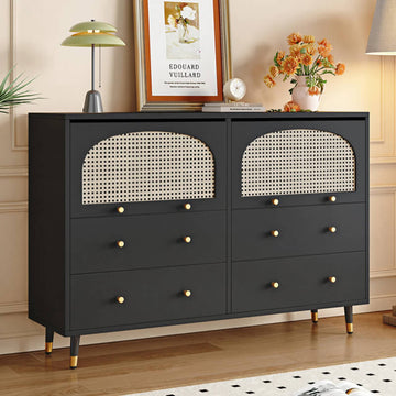 47" Modern Rattan Dresser with Drawers, Shelves, Doors - Warm White