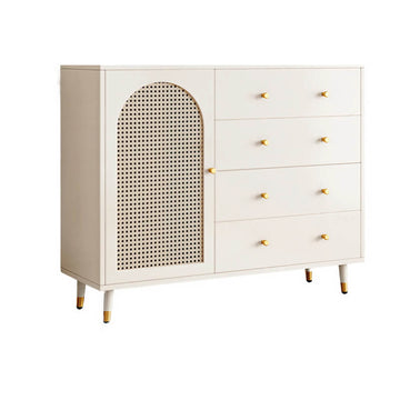 47" Modern Rattan Dresser with Drawers, Shelves, Doors - Warm White
