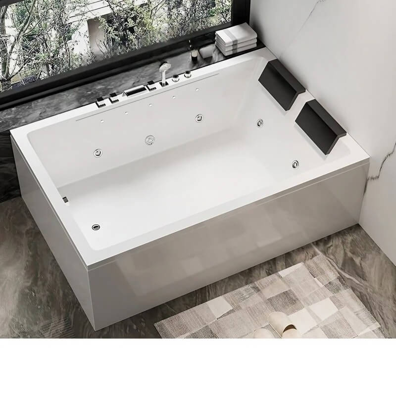 59.06″ Modern Acrylic Rectangle Deep Soaking Two Person Bathtub - Massage & Waterfall & Thermostatic & Colorful Bubble Bath