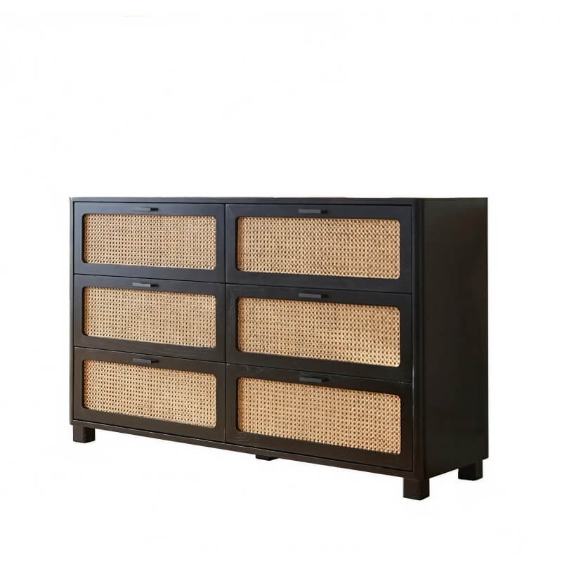 55" Rattan Dresser - 6 Drawers - French Style - Black