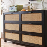 55" Rattan Dresser - 6 Drawers - French Style - Black
