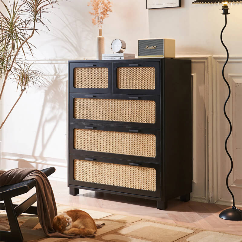 55" Rattan Dresser - 6 Drawers - French Style - Black