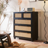 55" Rattan Dresser - 6 Drawers - French Style - Black