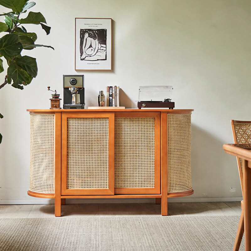 59" Rattan Dresser - Cherry Wood - Shelves; Doors Included - Nordic Style