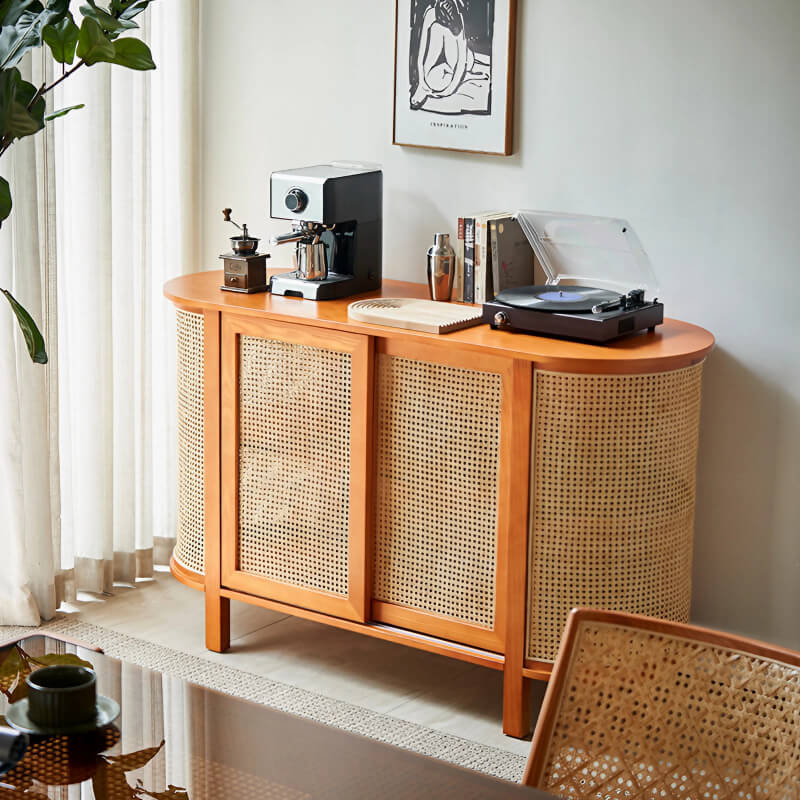 59" Rattan Dresser - Cherry Wood - Shelves; Doors Included - Nordic Style
