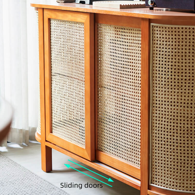 59" Rattan Dresser - Cherry Wood - Shelves; Doors Included - Nordic Style