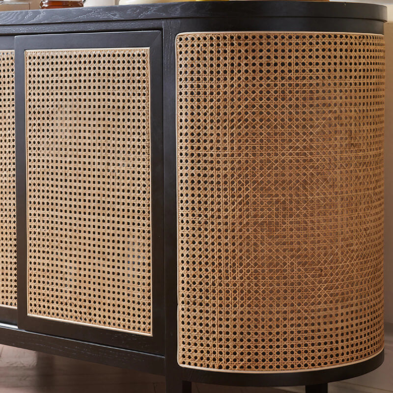 59" Rattan Dresser with Shelves and Doors - Black Japandi Style