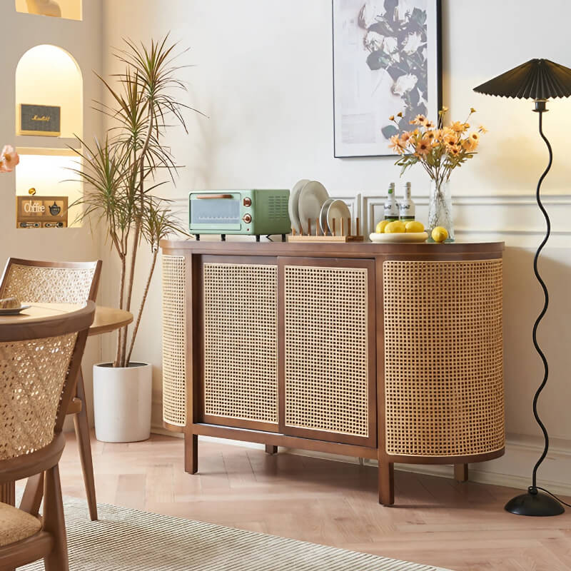 59" Rattan Dresser with Shelves and Doors - Black Japandi Style