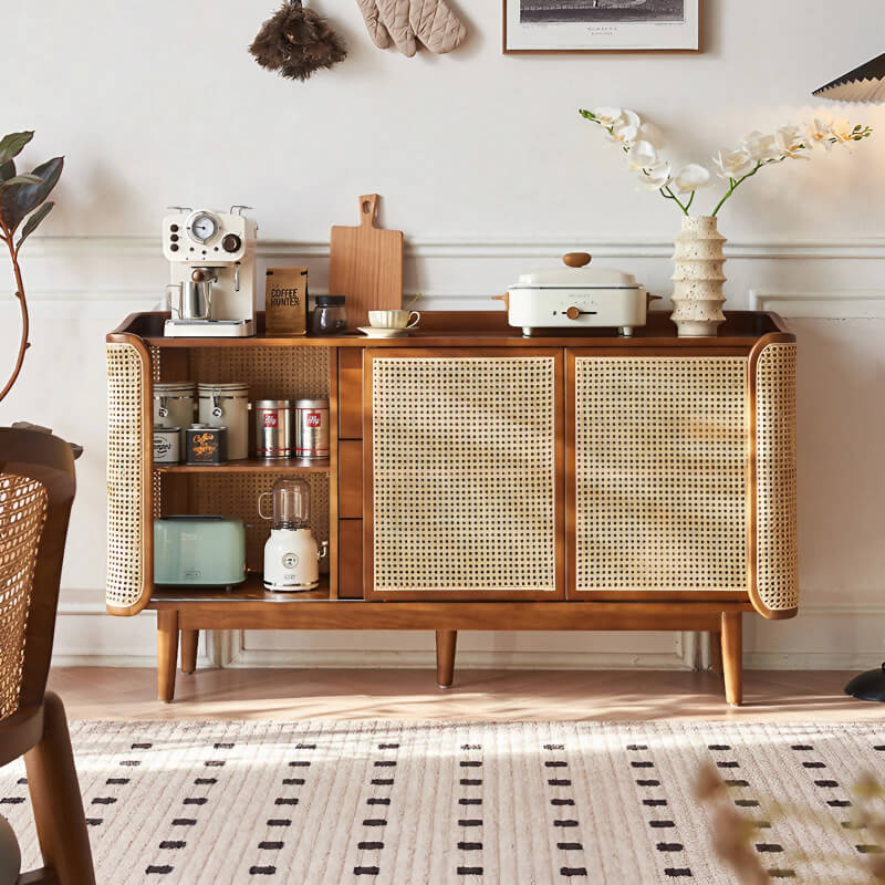 63" Rattan Dresser with 3 Drawers, Shelves, Doors Included - Walnut