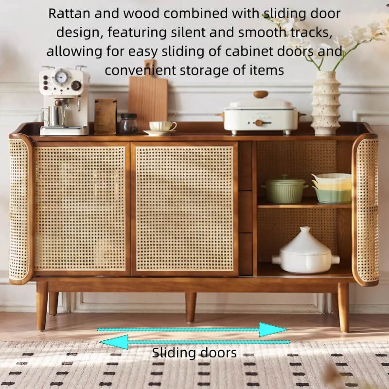 63" Rattan Dresser with 3 Drawers, Shelves, Doors Included - Walnut