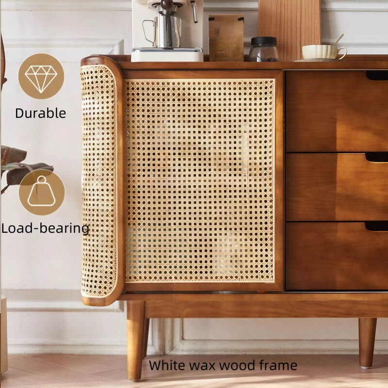 63" Rattan Dresser with 3 Drawers, Shelves, Doors Included - Walnut