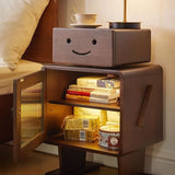 Japanese Style Narrow Bedside Table - Walnut Wood, 2-Tier Shelf, Lighted, Drawers, Shelves, Doors Included