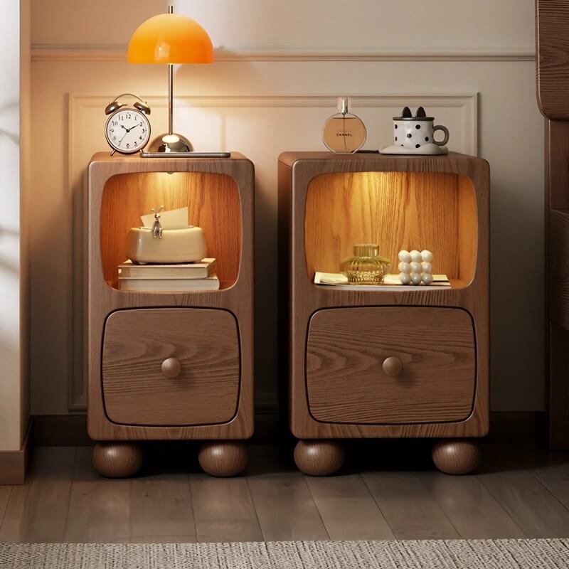 Rubberwood Narrow Bedside Table with Drawers and Shelves - Walnut, Scandinavian-style