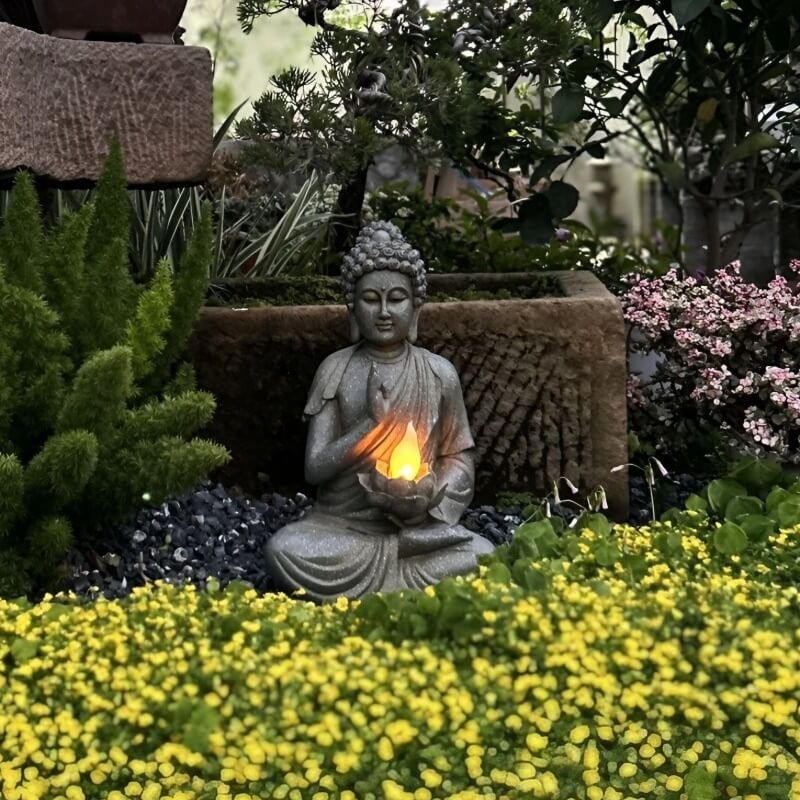 Solar Powered Buddha Lamp - 14.6″ Resin Garden Buddha Statue for Yard, Balcony