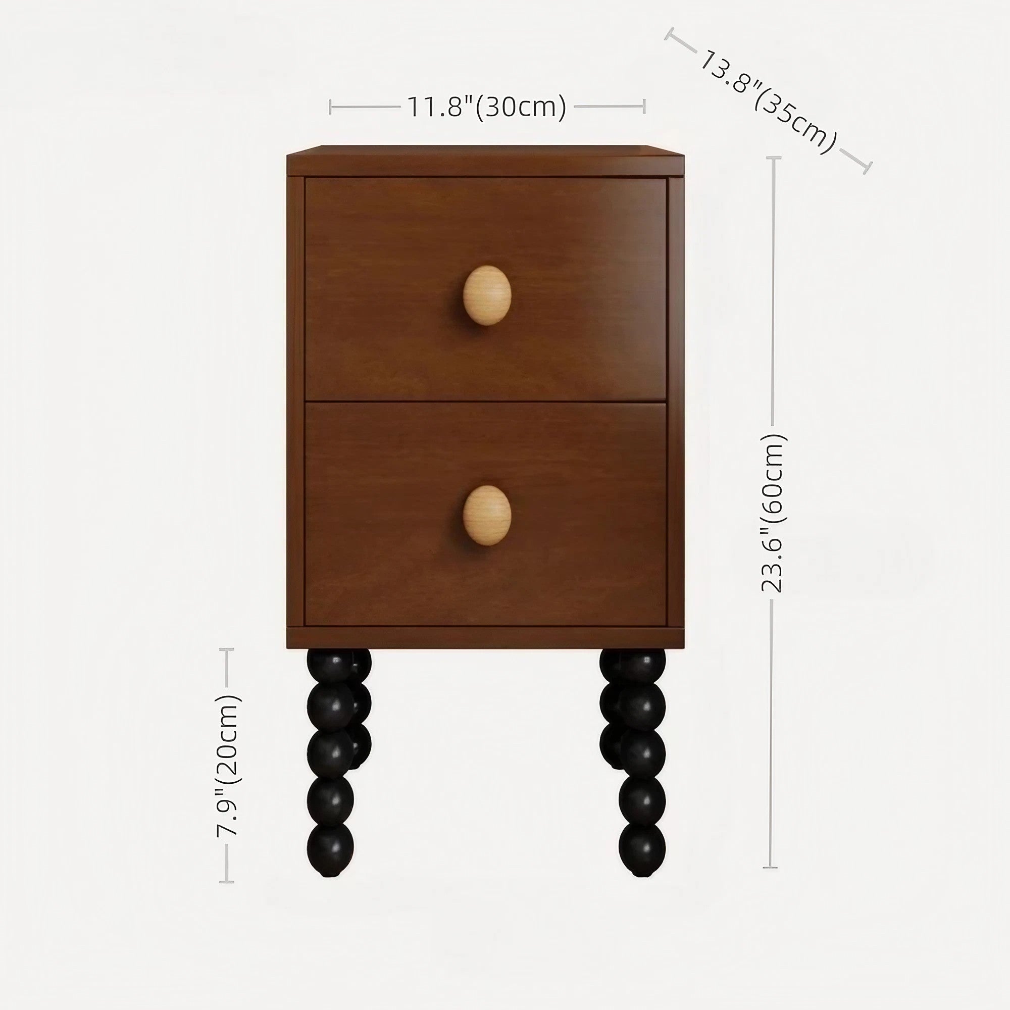 Vintage Style 24″ Narrow Bedside Table - Walnut Rubberwood Legged with Drawers