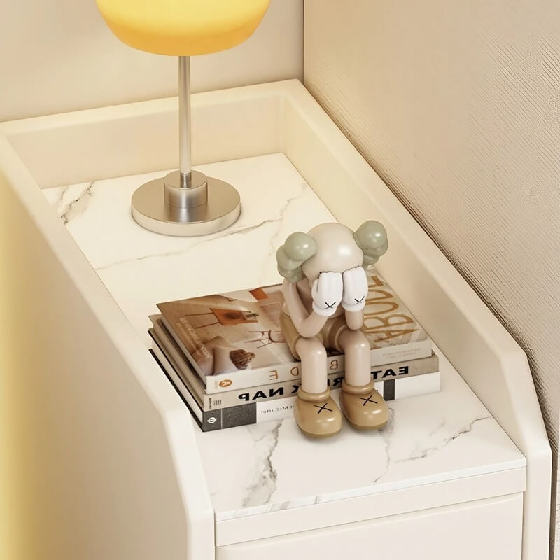 White Narrow Bedside Table - Modern Style with Drawers in Engineered Wood