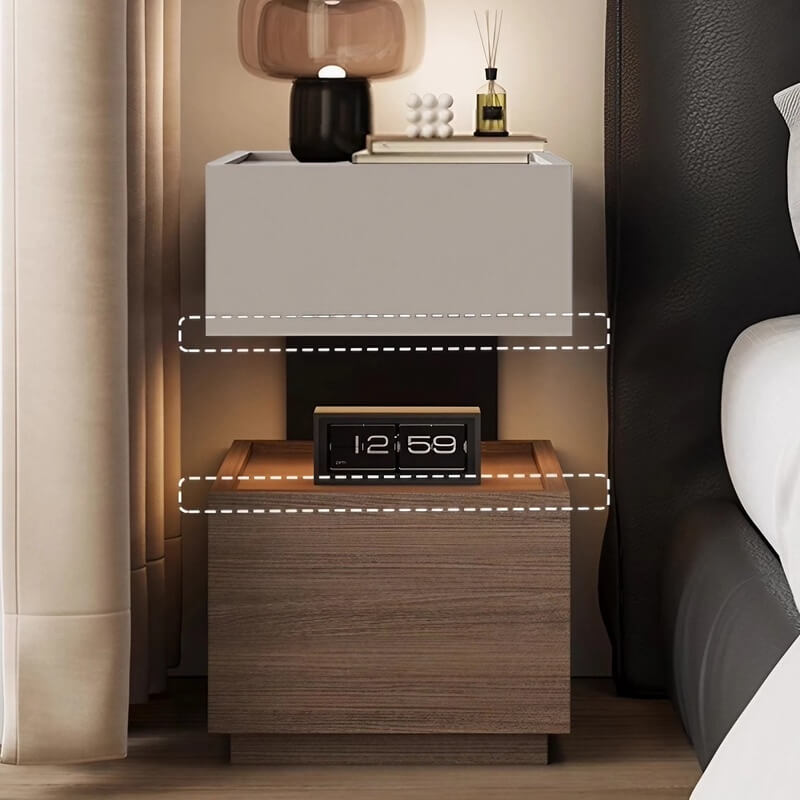 Wood Narrow Bedside Table in Walnut - Modern, with Shelves and Drawers