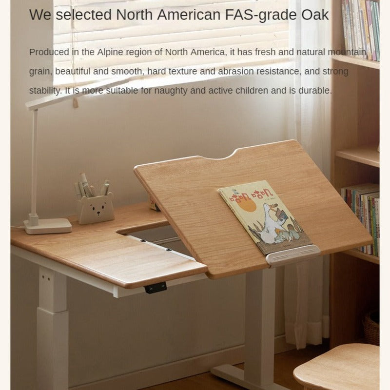Oak Solid Wood Children's Electric Lifting Tilts Study Desk