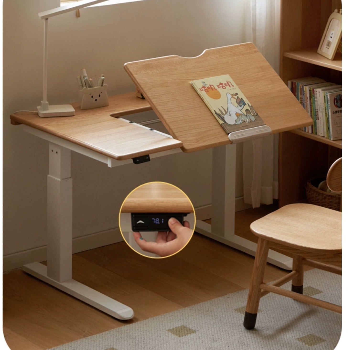 Oak Solid Wood Children's Electric Lifting Tilts Study Desk