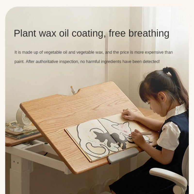 Oak Solid Wood Children's Electric Lifting Tilts Study Desk