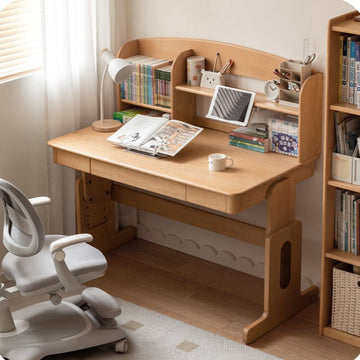 Beech Solid Wood Lifting Desk Bookshelf Combination