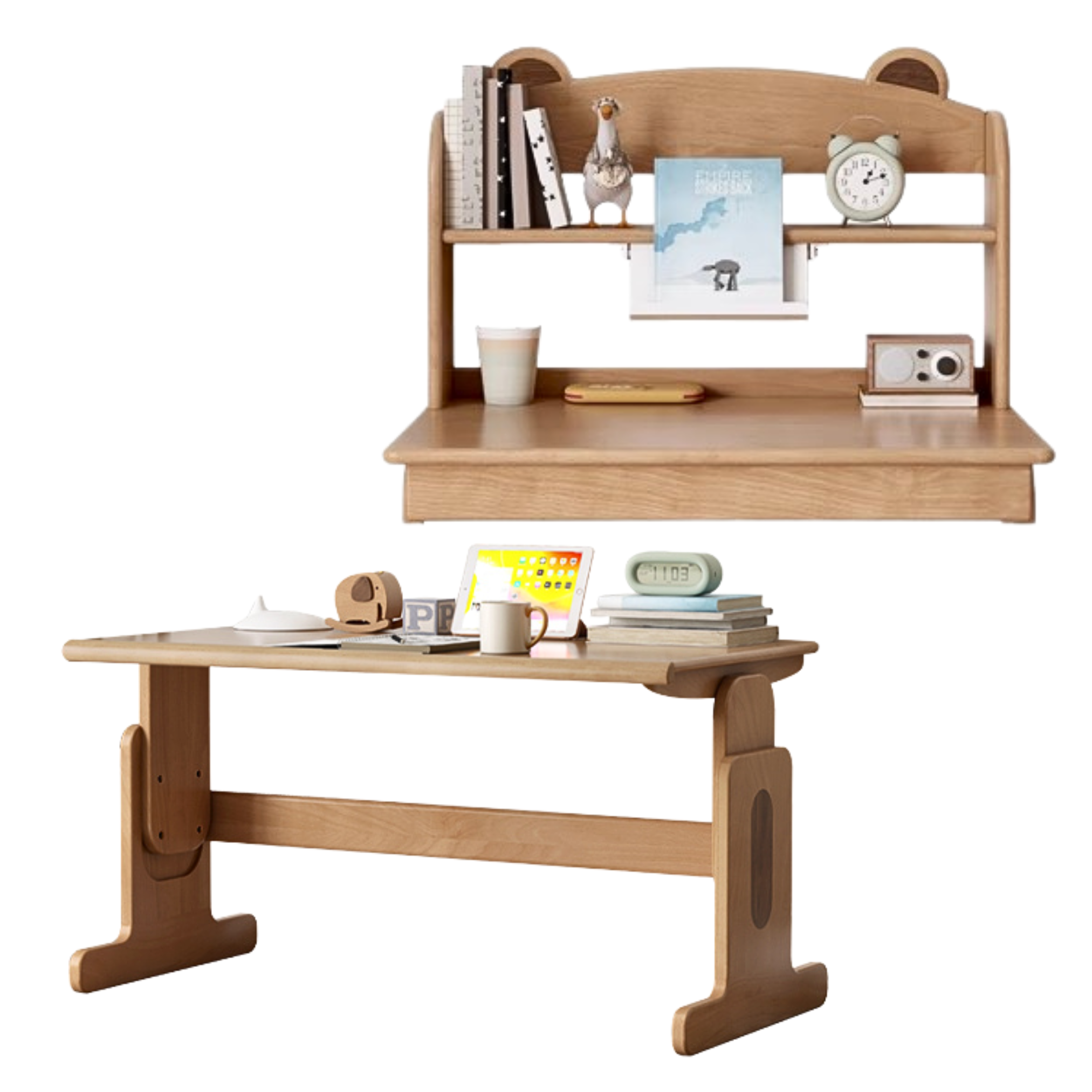 Beech Solid Wood Lifting Desk Bookshelf Combination