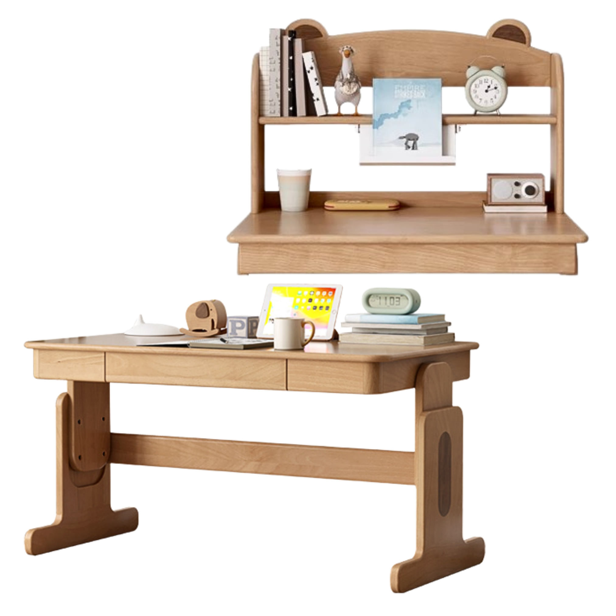 Beech Solid Wood Lifting Desk Bookshelf Combination