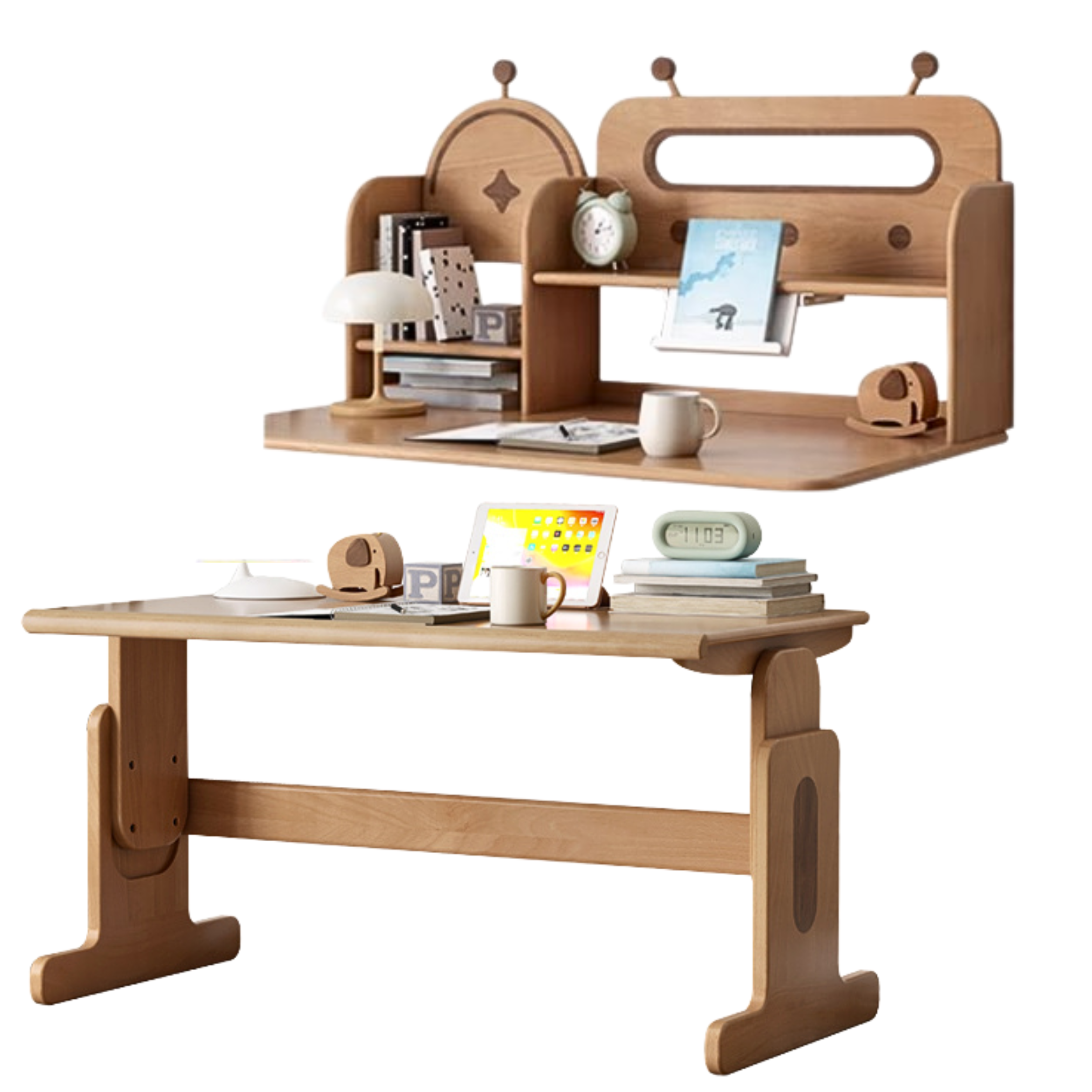 Beech Solid Wood Lifting Desk Bookshelf Combination