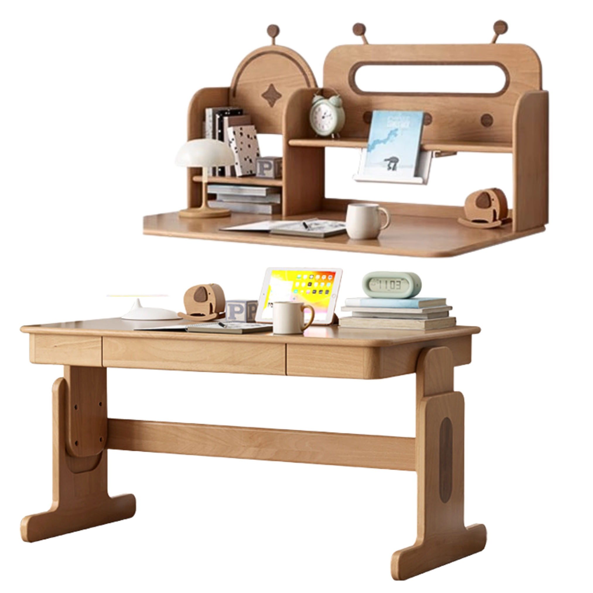 Beech Solid Wood Lifting Desk Bookshelf Combination