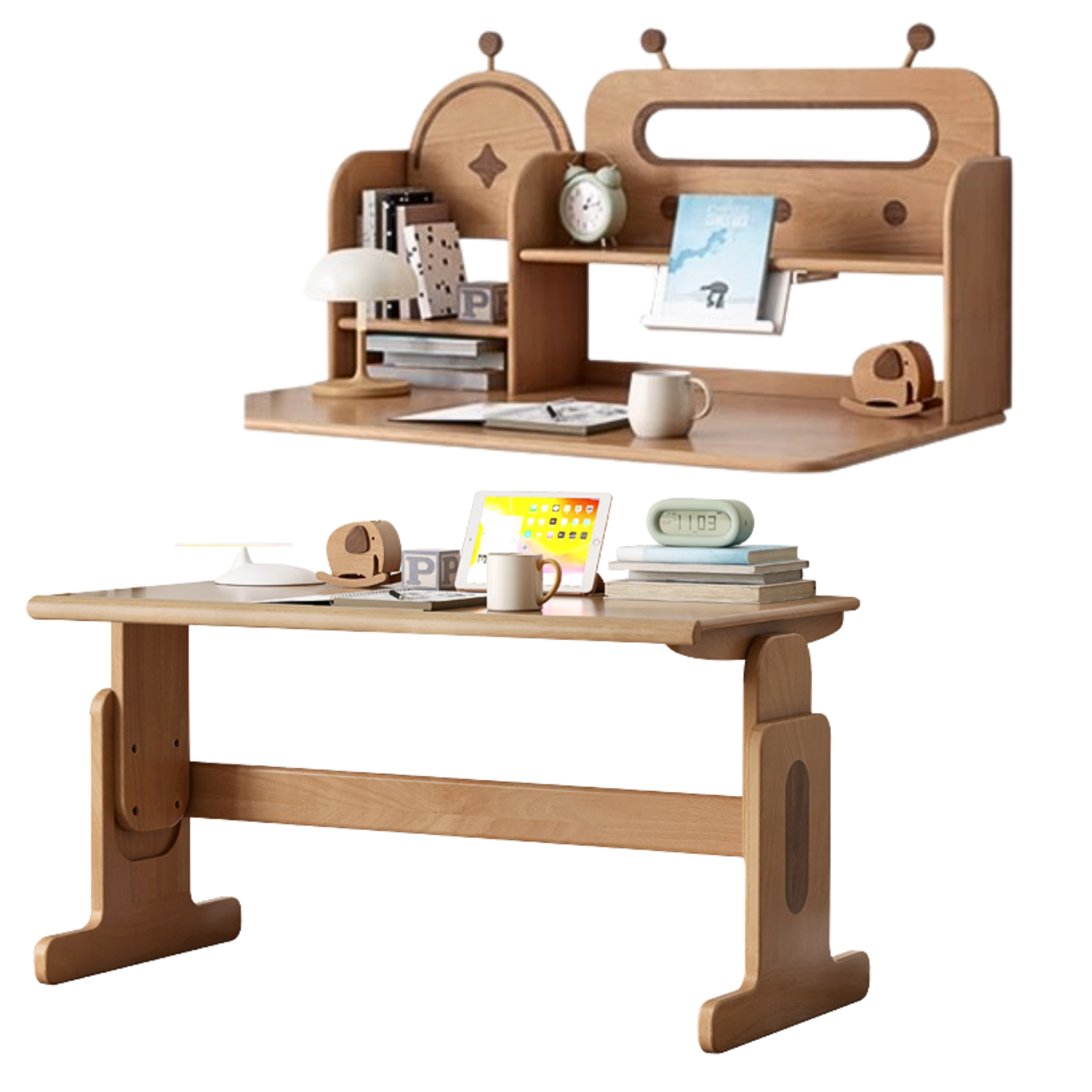 Beech Solid Wood Lifting Desk Bookshelf Combination