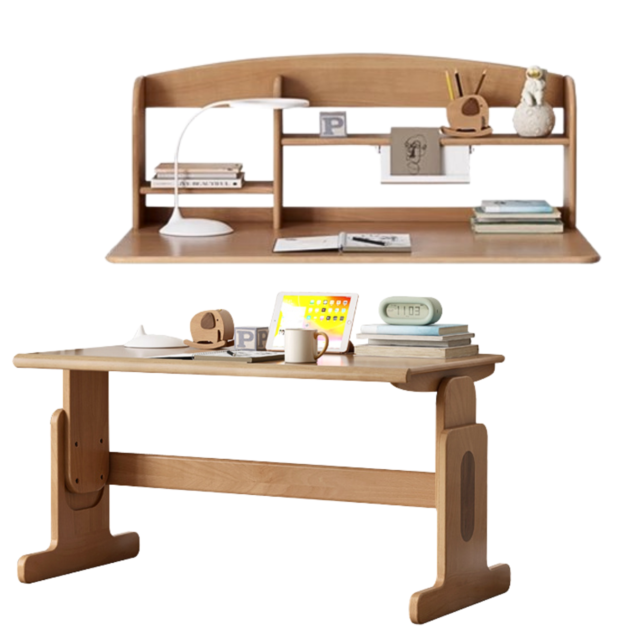 Beech Solid Wood Lifting Desk Bookshelf Combination