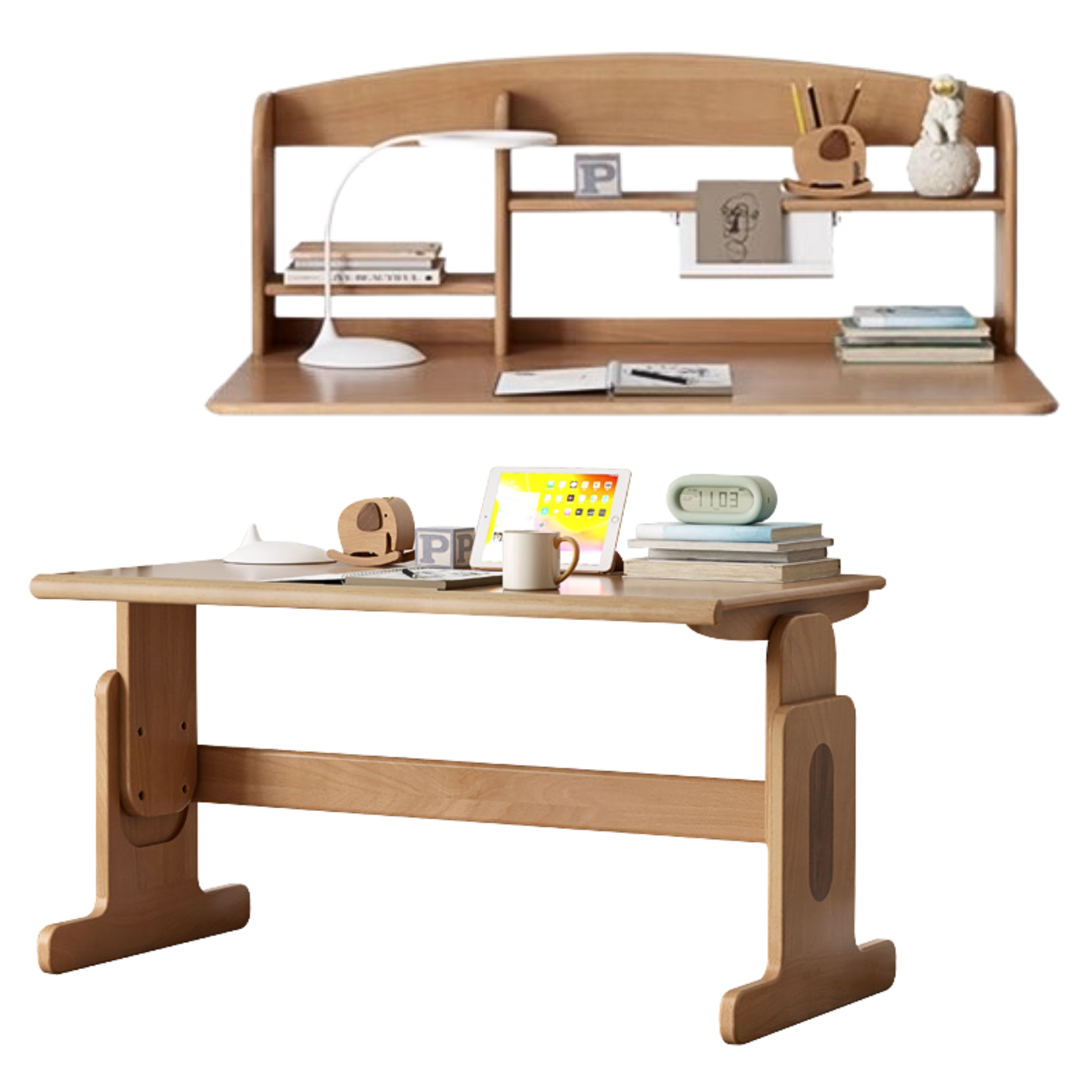 Beech Solid Wood Lifting Desk Bookshelf Combination
