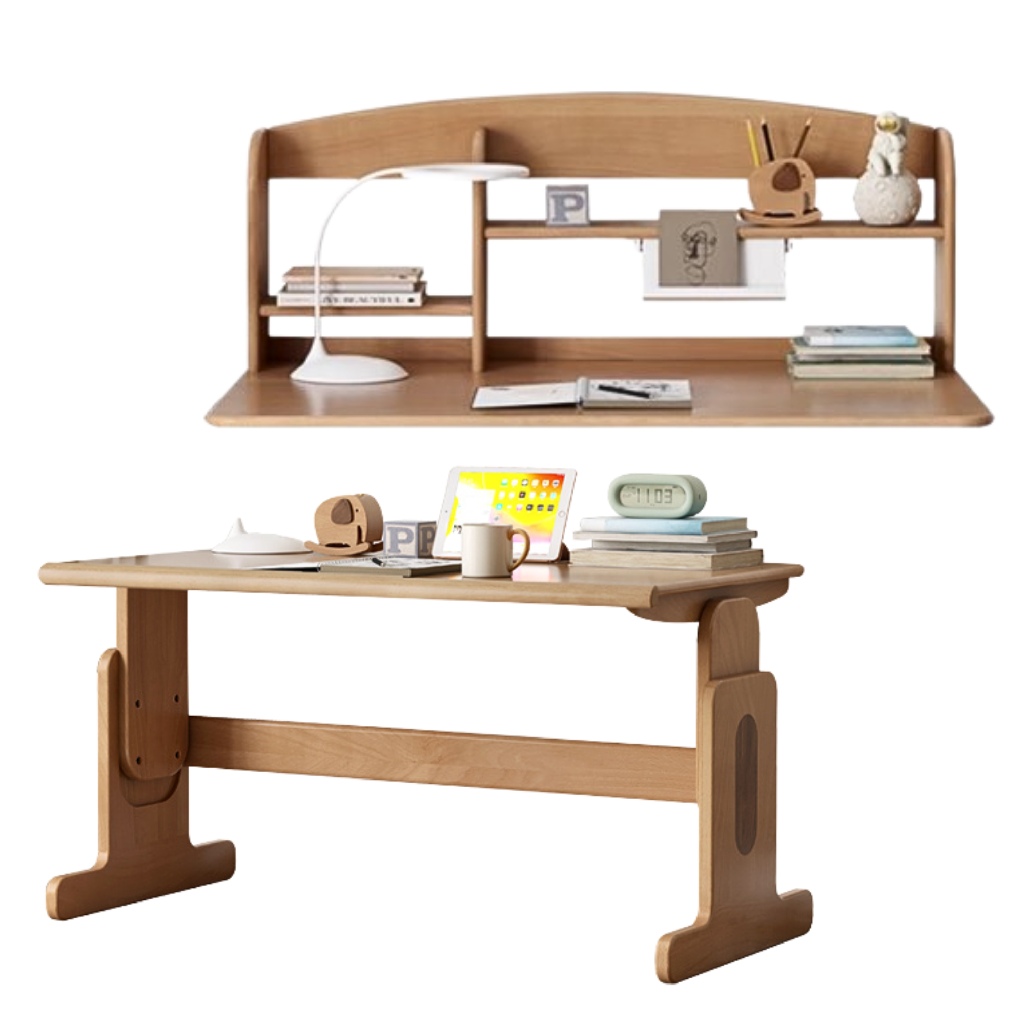 Beech Solid Wood Lifting Desk Bookshelf Combination