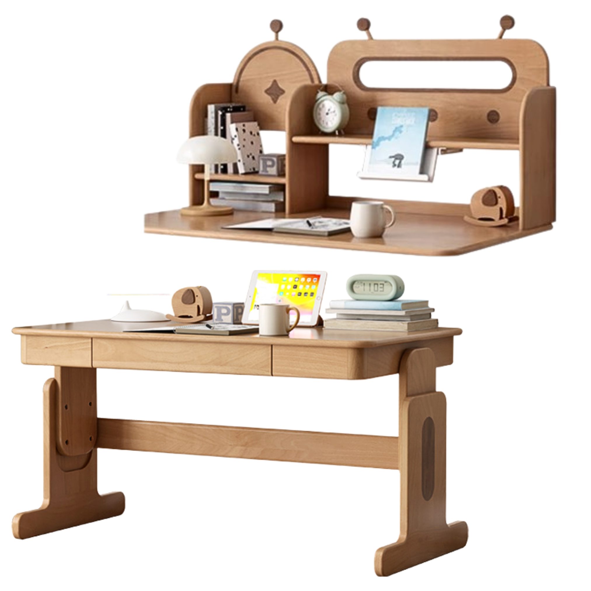 Beech Solid Wood Lifting Desk Bookshelf Combination