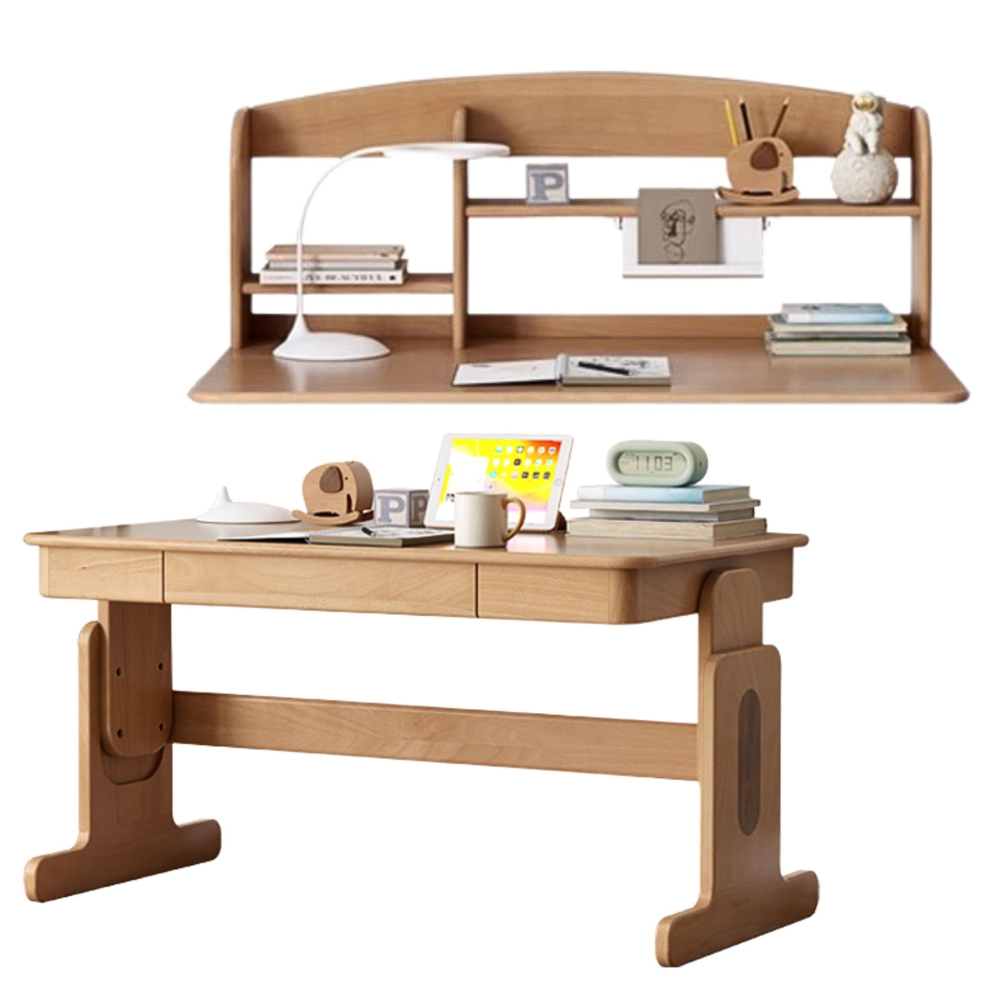 Beech Solid Wood Lifting Desk Bookshelf Combination