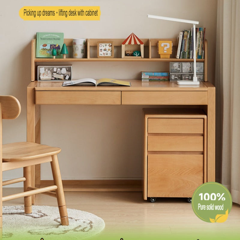 ビーチ材のソリッドウッドデスク 高さ調整可能