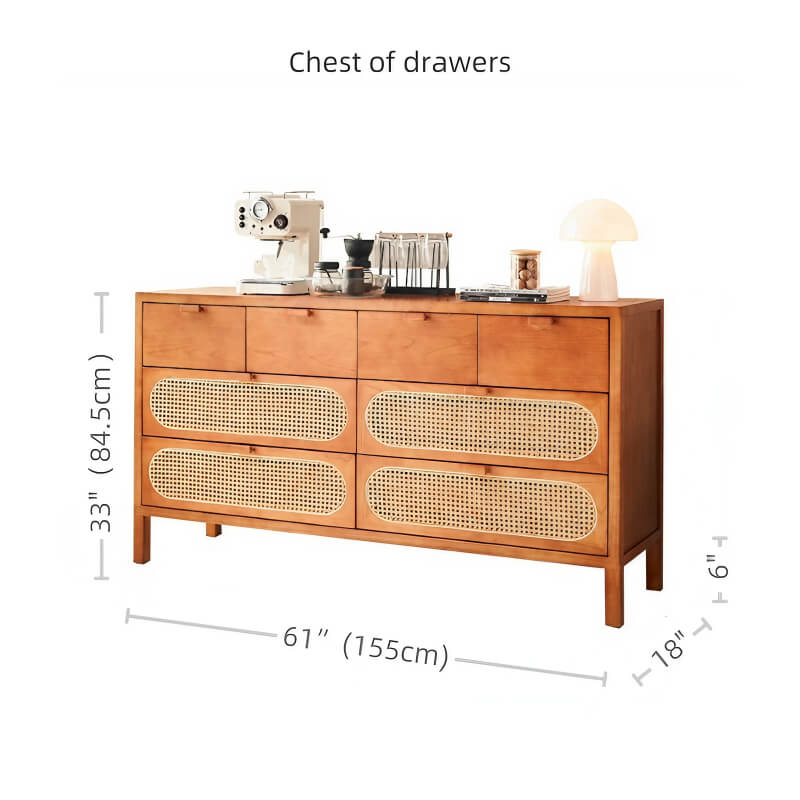 61" Rattan Dresser - 6 Drawers - Cherry Wood - Nordic Style