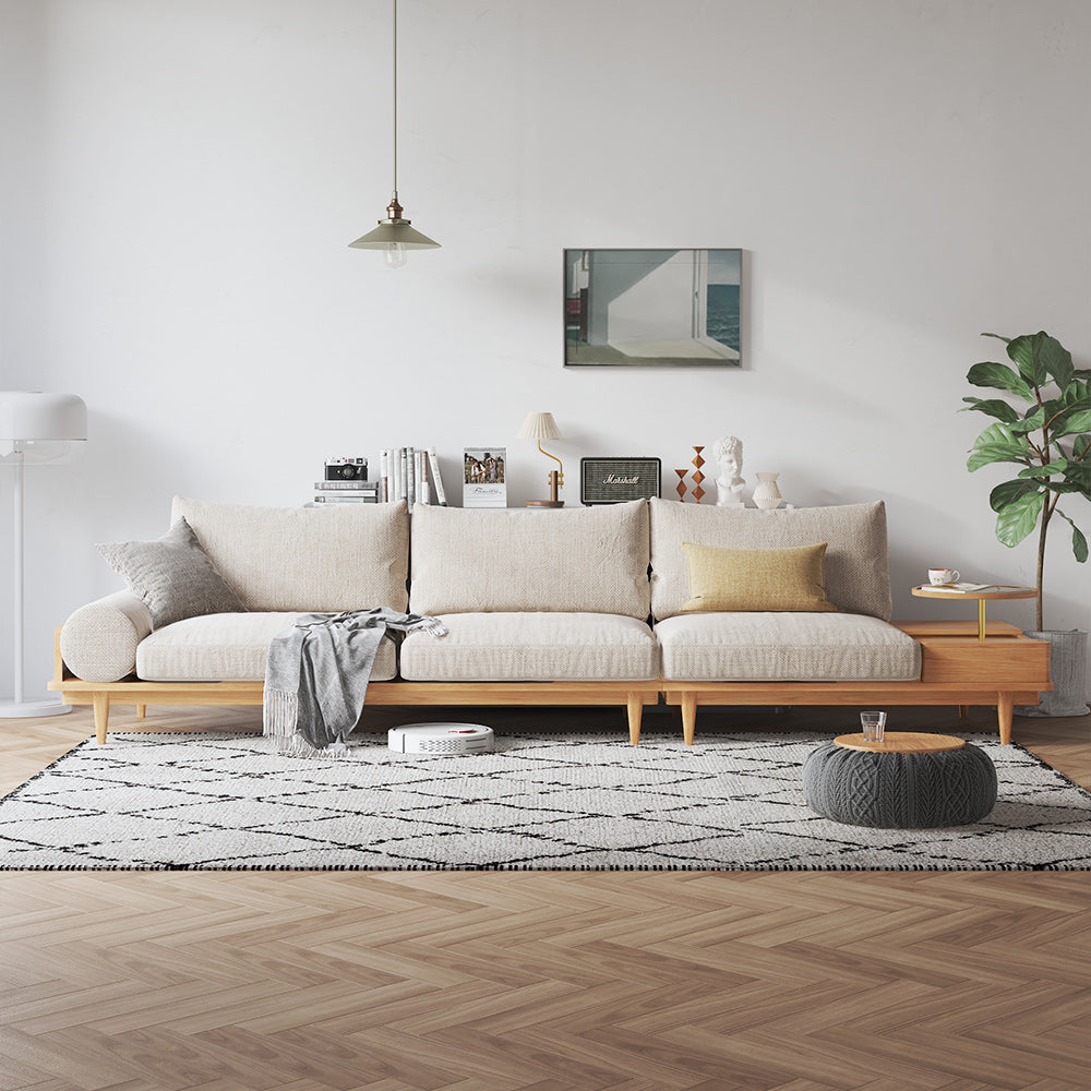Beige Cotton Linen 3-Seater Sofa with Built-in Storage & Round Arms