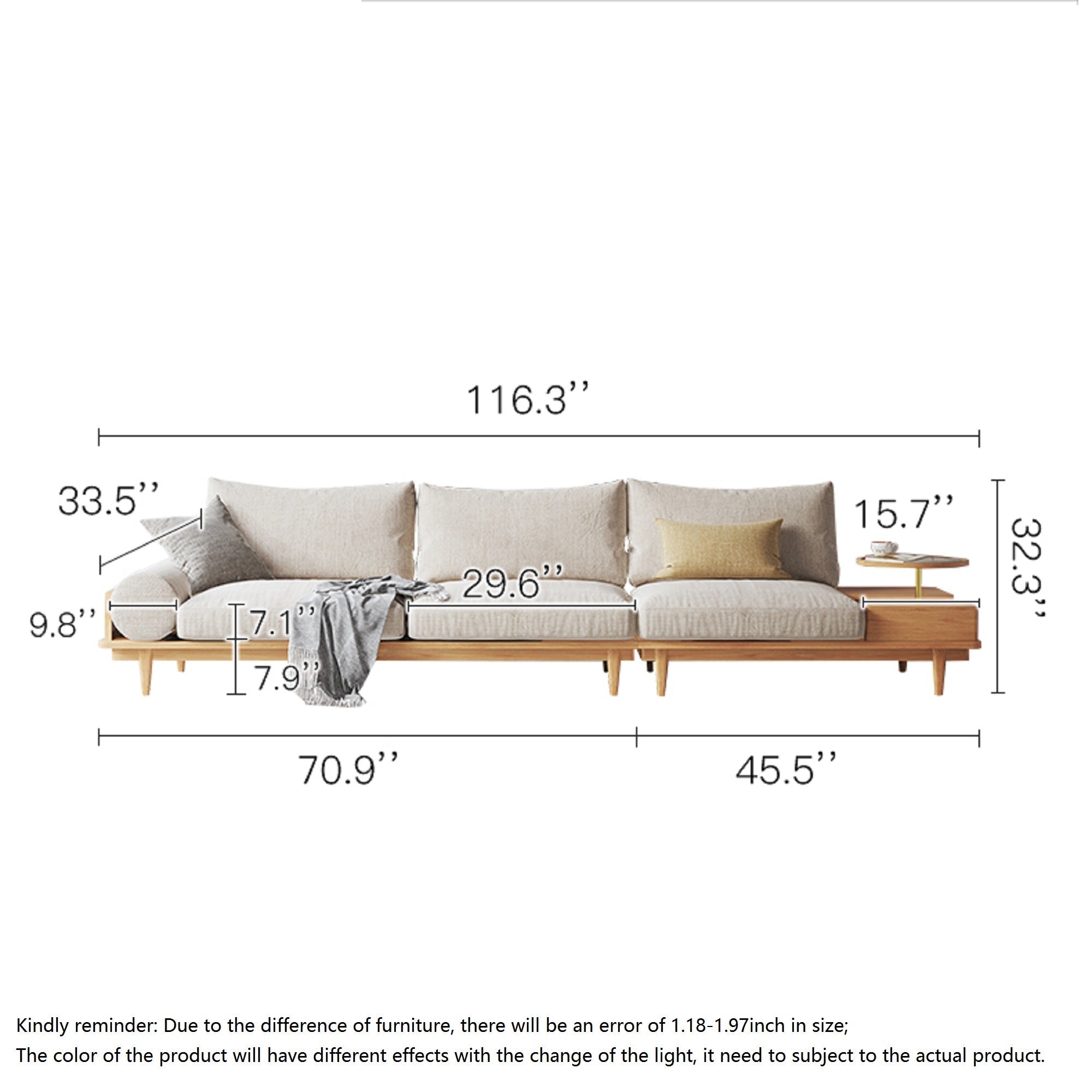Beige Cotton Linen 3-Seater Sofa with Built-in Storage & Round Arms