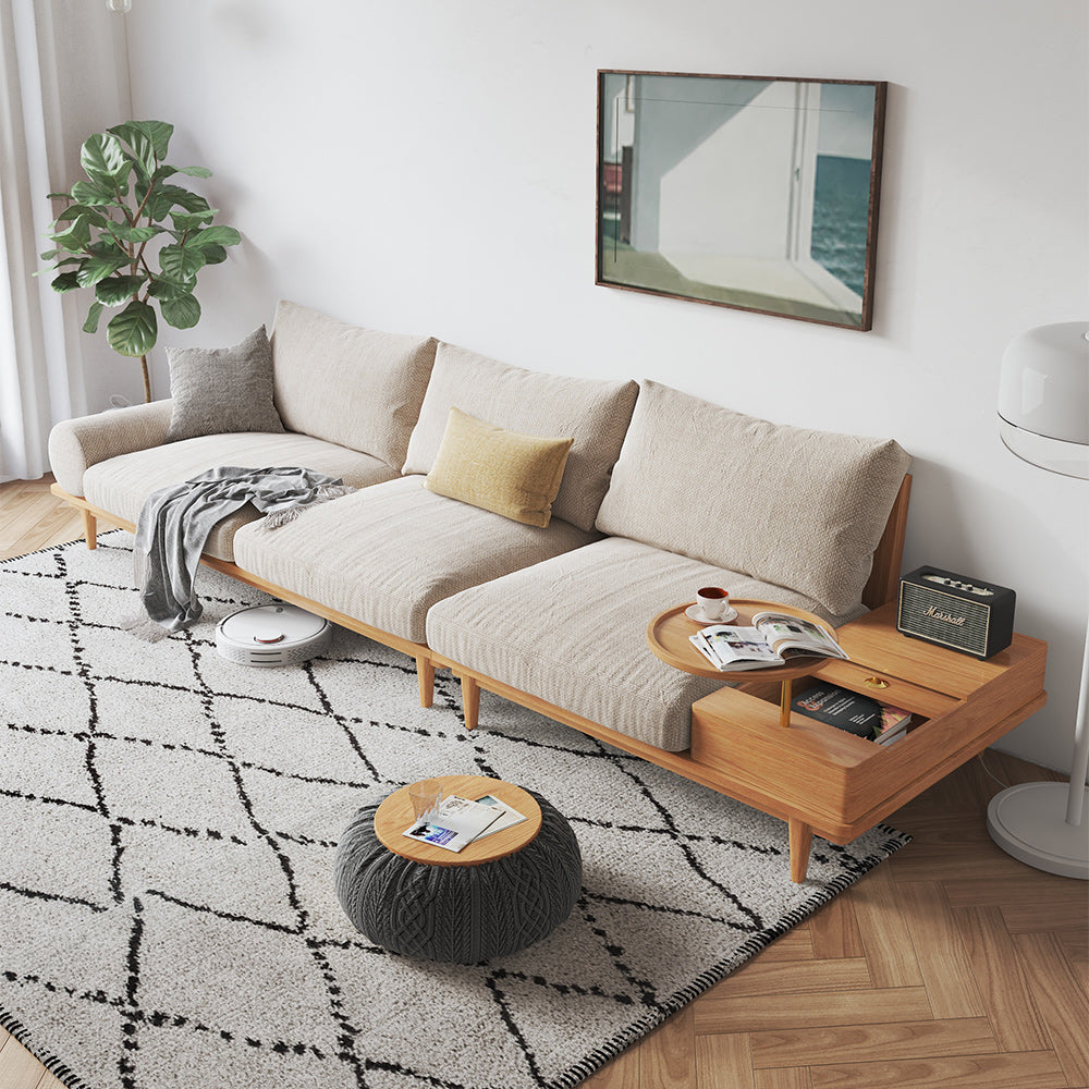 Beige Cotton Linen 3-Seater Sofa with Built-in Storage & Round Arms