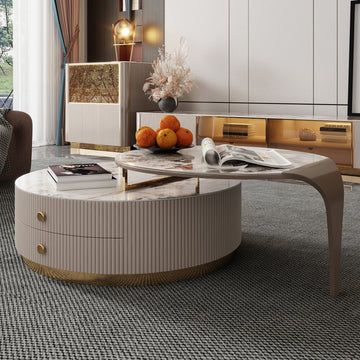 2-Piece Modern Round Coffee Table with 2 Drawers & Metal Legs