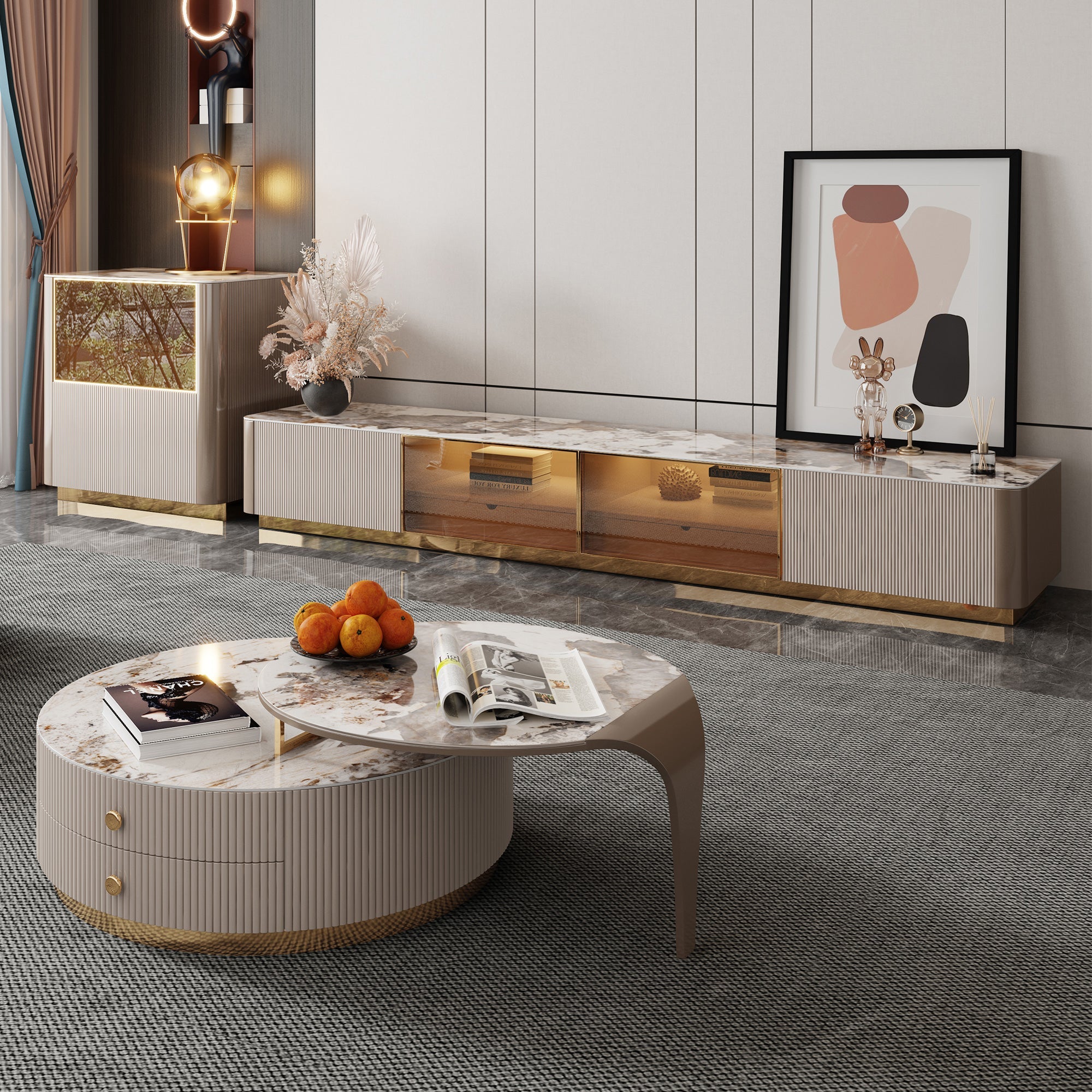 WEHOMZ 2-Piece Modern Round Coffee Table Set with Marble Top, 2 Drawers & Metal Legs