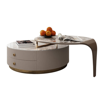 WEHOMZ 2-Piece Modern Round Coffee Table Set with Marble Top, 2 Drawers & Metal Legs