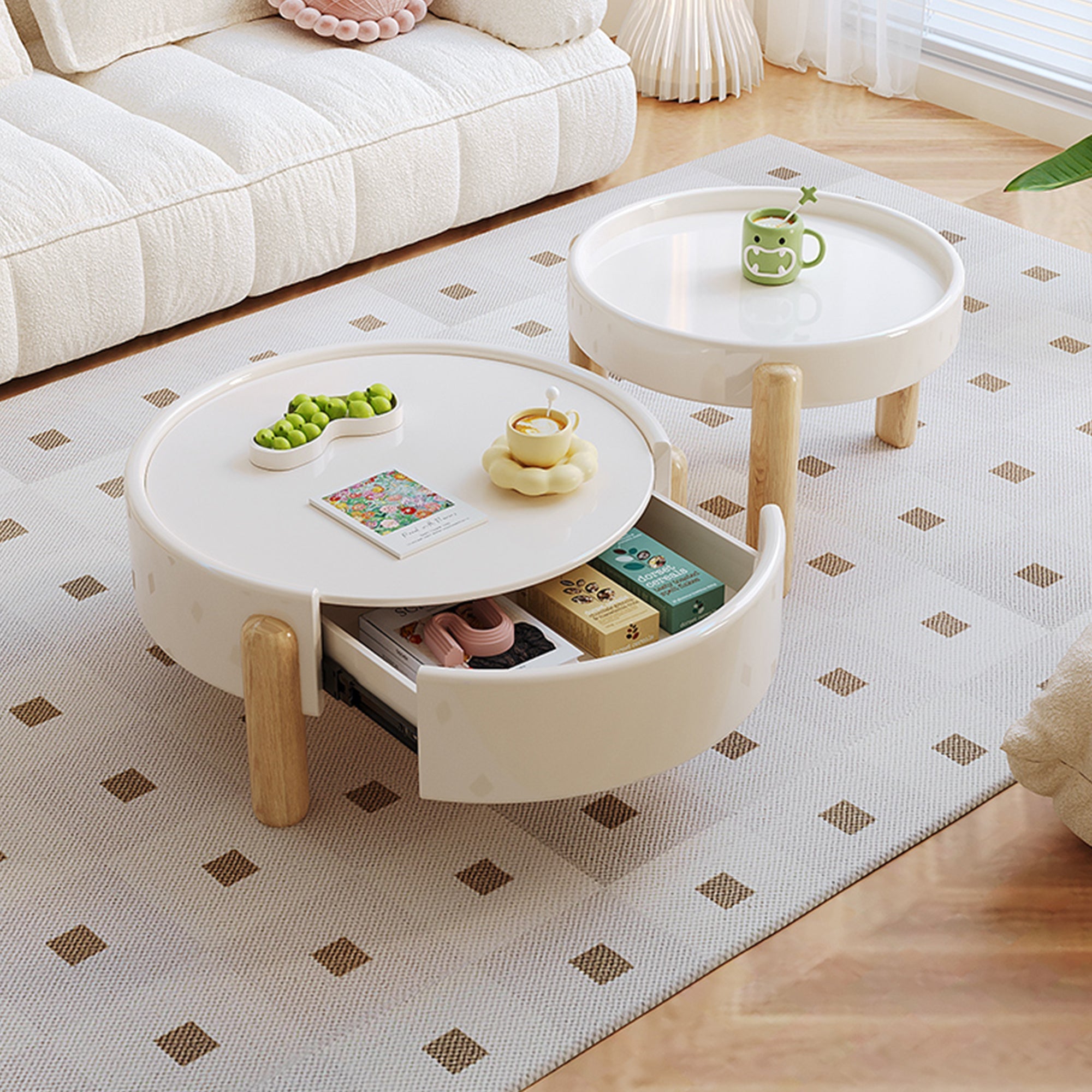 Elegant 2-Piece White Round Nesting Coffee Table Set, Wooden 3-Leg Design with Storage Drawer