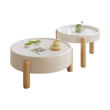 Elegant 2-Piece White Round Nesting Coffee Table Set, Wooden 3-Leg Design with Storage Drawer