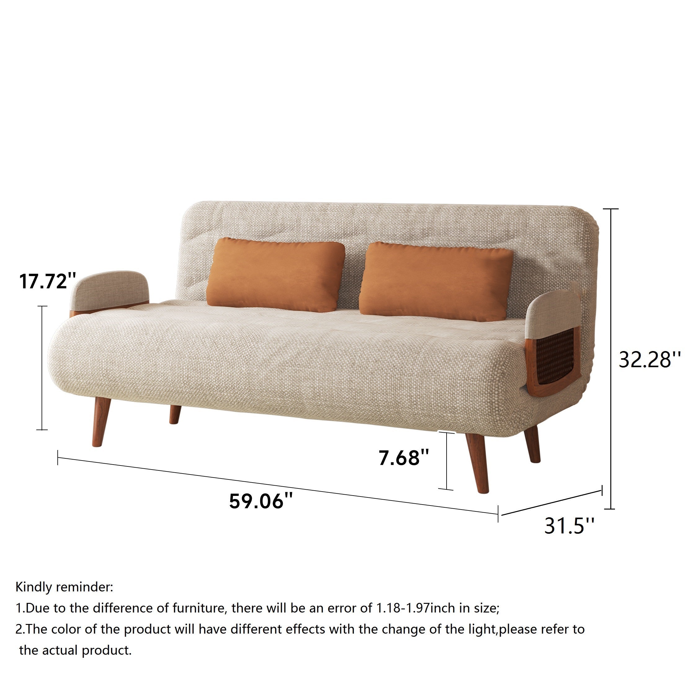 Beige 3-in-1 Convertible Sofa Bed in Cotton Linen & Technology Velvet